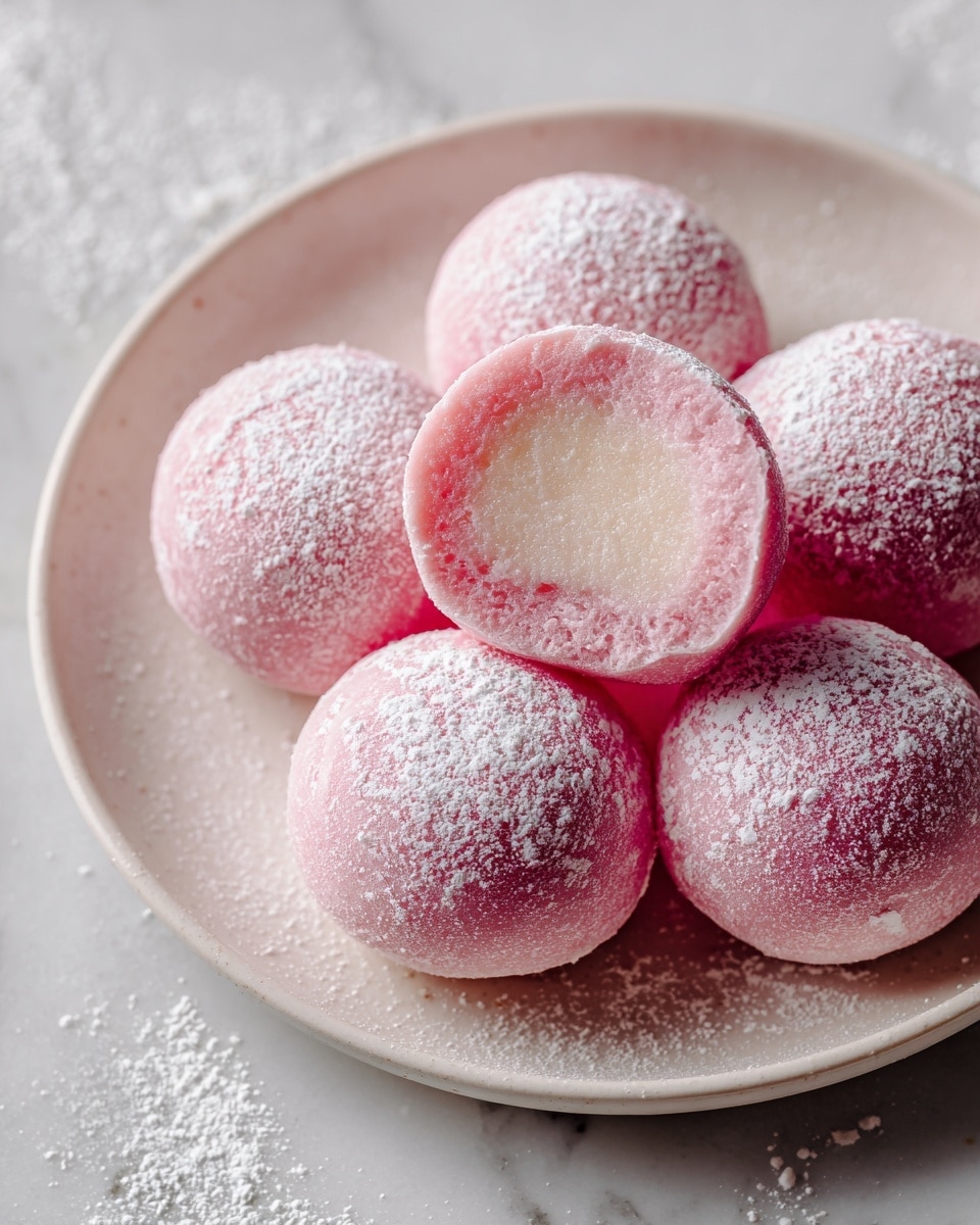 White ceramic plate filled with a complete arrangement of round pink mochi, each dusted delicately with powdered sugar, showcasing their smooth, soft texture and vibrant color, styled on a white marble surface under natural lighting, professional food magazine hero shot taken with an iphone --ar 4:5 --v 7