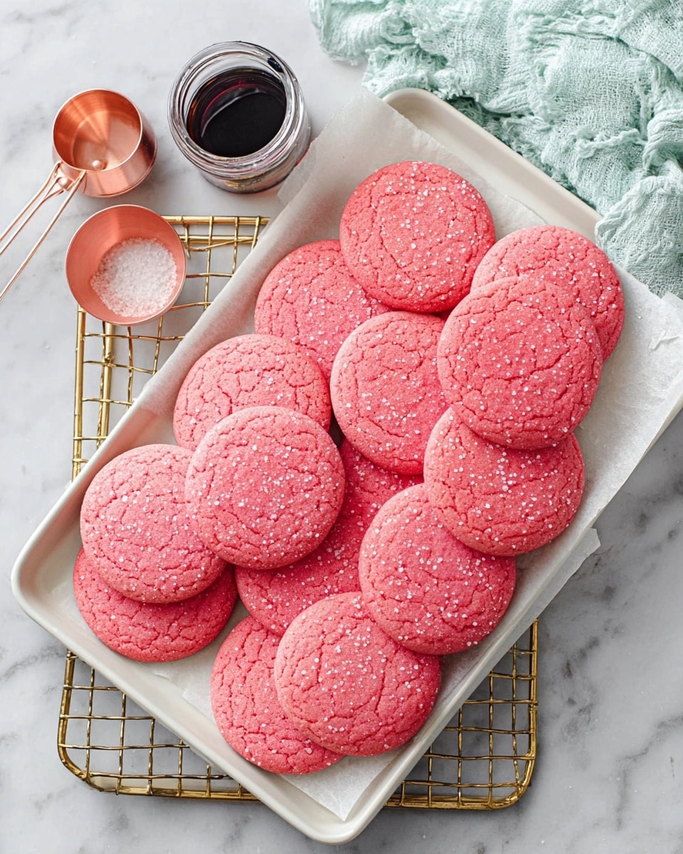 A white rectangular platter filled with a full batch of vibrant pink sugar cookies, each perfectly round and lightly sprinkled with sugar crystals, arranged neatly in overlapping rows to showcase their uniform shape and texture, placed on a sheet of parchment paper on a cooling rack, with copper measuring spoons and a small glass bottle of vanilla extract nearby, all photographed from a 3/4 angle on a white marble countertop under natural lighting, styled as a hero food magazine shot, photo taken with an iphone --ar 4:5 --v 7