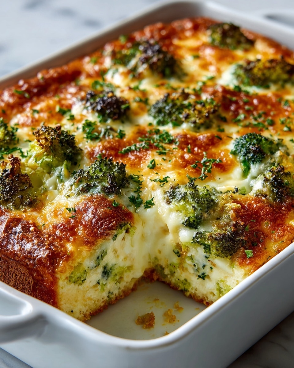 A large white rectangular baking dish filled with a golden-brown broccoli and cheese casserole, showcasing a thick, bubbly layer of melted cheese on top with specks of browned, crispy edges and vibrant green broccoli florets peeking through. The casserole’s crust is slightly crisp and textured, with fresh parsley sprinkled evenly across the surface for garnish. The dish is presented on a white marble countertop, captured from a 3/4 angle with natural lighting, highlighting the rich creamy texture and inviting warmth of the entire, untouched casserole. Photo taken with an iphone --ar 4:5 --v 7