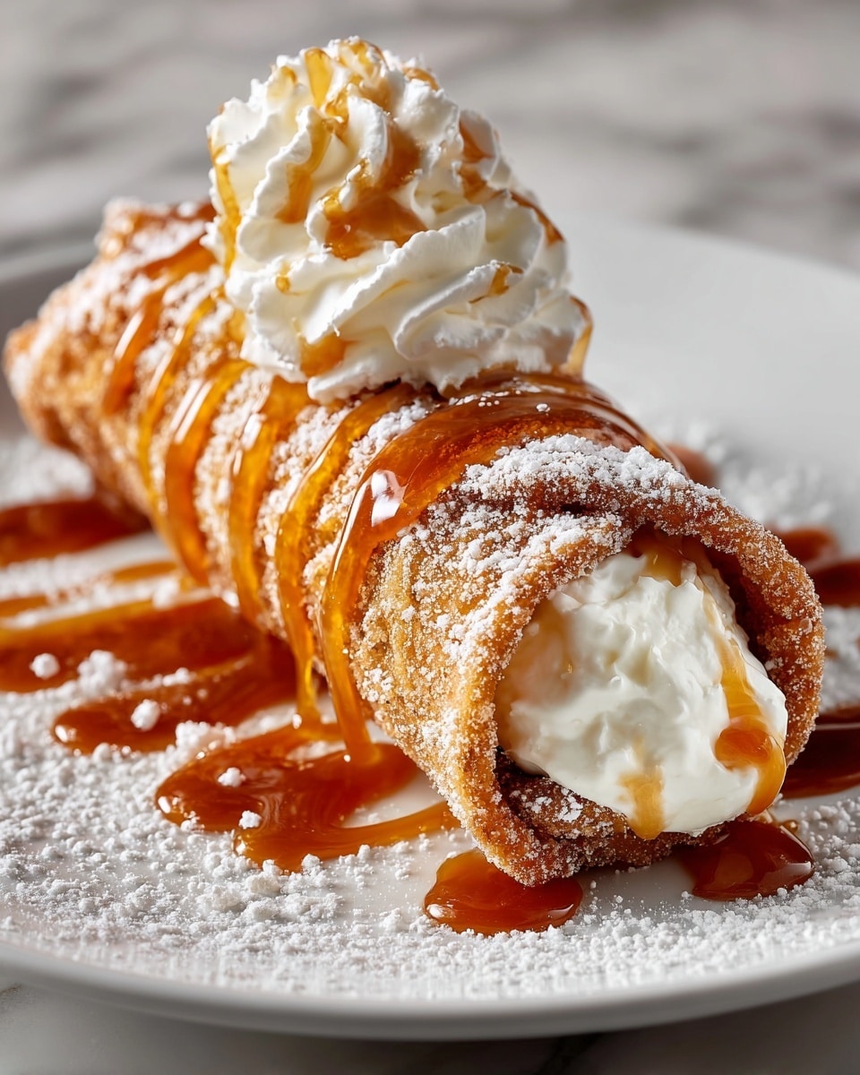 Large white plate filled with a neatly stacked pile of fried cannoli, each golden-brown shell generously filled with creamy ricotta cheese, dusted with powdered sugar and drizzled evenly with rich caramel sauce, topped with a generous swirl of whipped cream also adorned with caramel, whole dish presented in a professional 3/4 angle shot on white marble countertop under natural lighting, styled as a hero food magazine photo taken with an iphone --ar 4:5 --v 7