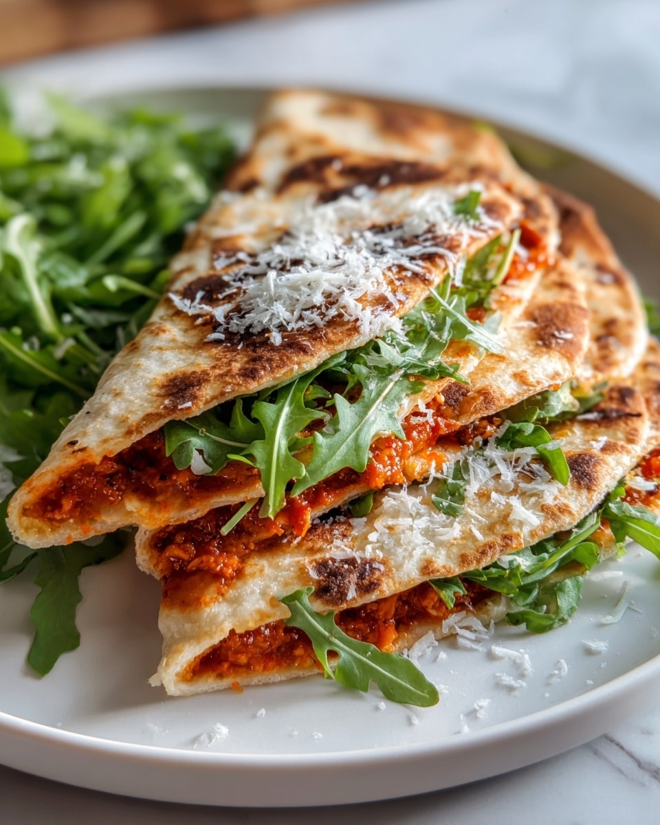 A large white serving plate featuring a whole, uncut thin-crust pizza topped with a spread of rich tomato sauce, melted mozzarella cheese, fresh arugula leaves piled high in the center, and a generous sprinkling of finely grated Parmesan cheese, arranged with bright green basil leaves and a halved lemon alongside for garnish, captured from a 3/4 angle on a white marble countertop with natural lighting, styled professionally like a food magazine hero shot, photo taken with an iphone --ar 4:5 --v 7