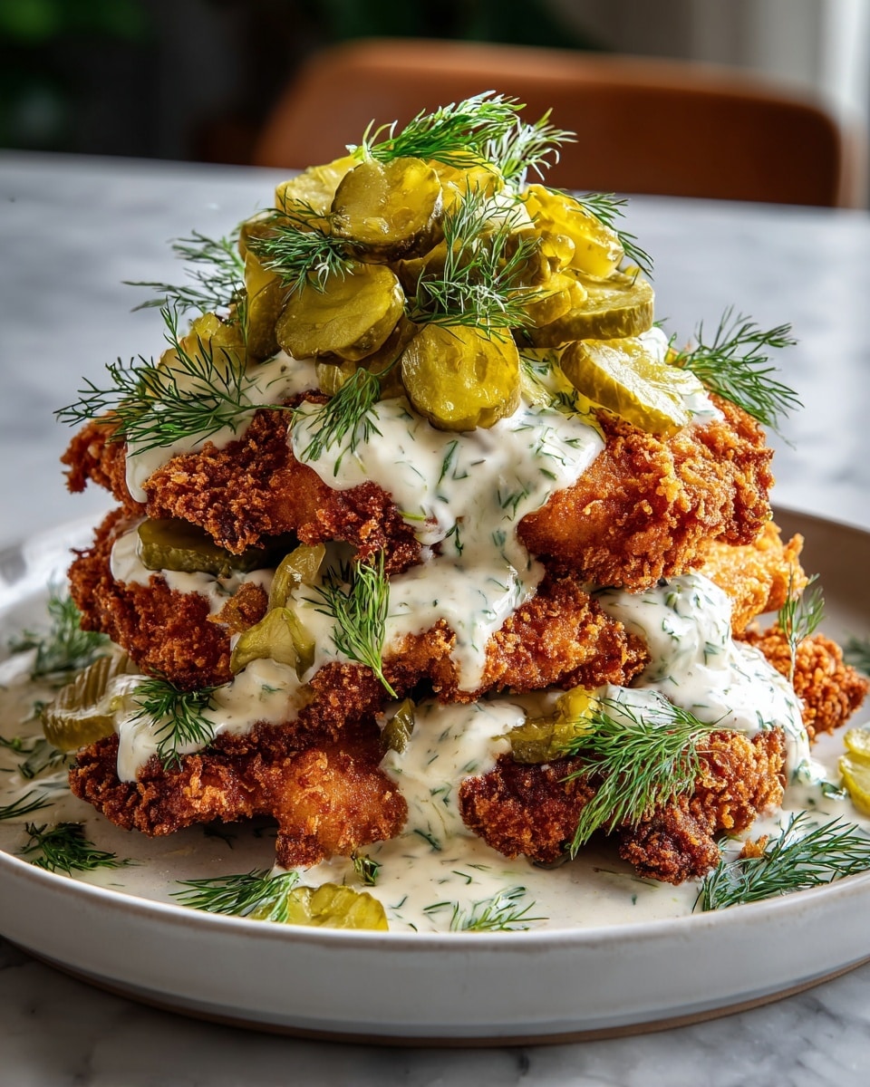 Large white serving plate showcasing a full stack of golden-brown crispy fried chicken schnitzels, lavishly drizzled with creamy white sauce and generously topped with a mound of bright green pickles and fresh dill sprigs. The entire dish is arranged to highlight the crunchy texture and vibrant garnishes, presented from a 3/4 angle on a white marble countertop, captured with natural lighting for a professional food magazine hero shot, photo taken with an iphone --ar 4:5 --v 7
