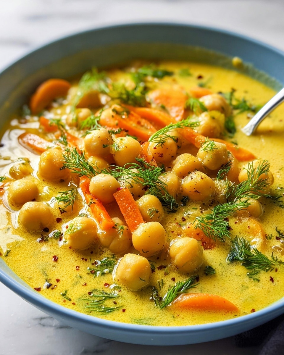 Large white serving bowl filled with creamy chickpea and carrot soup, showcasing whole chickpeas and sliced carrots in a rich, lightly spiced broth, garnished with fresh dill and a drizzle of olive oil, surrounded by lemon halves and fresh herbs on a white marble countertop, natural lighting highlighting the textures and colors, professional food styling photo taken with an iphone --ar 4:5 --v 7