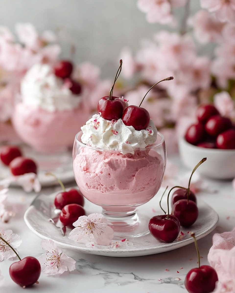A pristine white serving tray filled with multiple glass bowls of pink cherry mousse, each bowl perfectly layered with smooth and fluffy mousse swirled with delicate cherry tones, topped with dollops of whipped cream and fresh bright red cherries with stems. The bowls are neatly arranged on a white marble background, with natural lighting highlighting the mousse’s airy texture and the glistening cherries, styled as an elegant and inviting entire dessert presentation, photo taken with an iphone --ar 4:5 --v 7