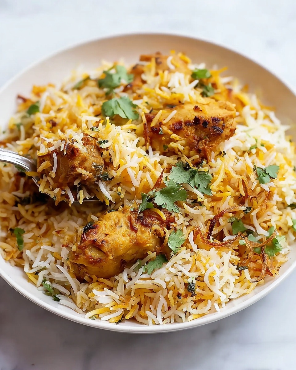 Large white serving platter overflowing with fragrant chicken biryani, featuring tender, marinated chicken pieces nestled within aromatic basmati rice mixed with saffron hues, caramelized onions, fresh cilantro, and whole spices, accompanied by a small white bowl of bright green chutney, entire dish captured from a 3/4 angle on a white marble surface with natural lighting, styled as a professional hero food magazine shot, photo taken with an iphone --ar 4:5 --v 7