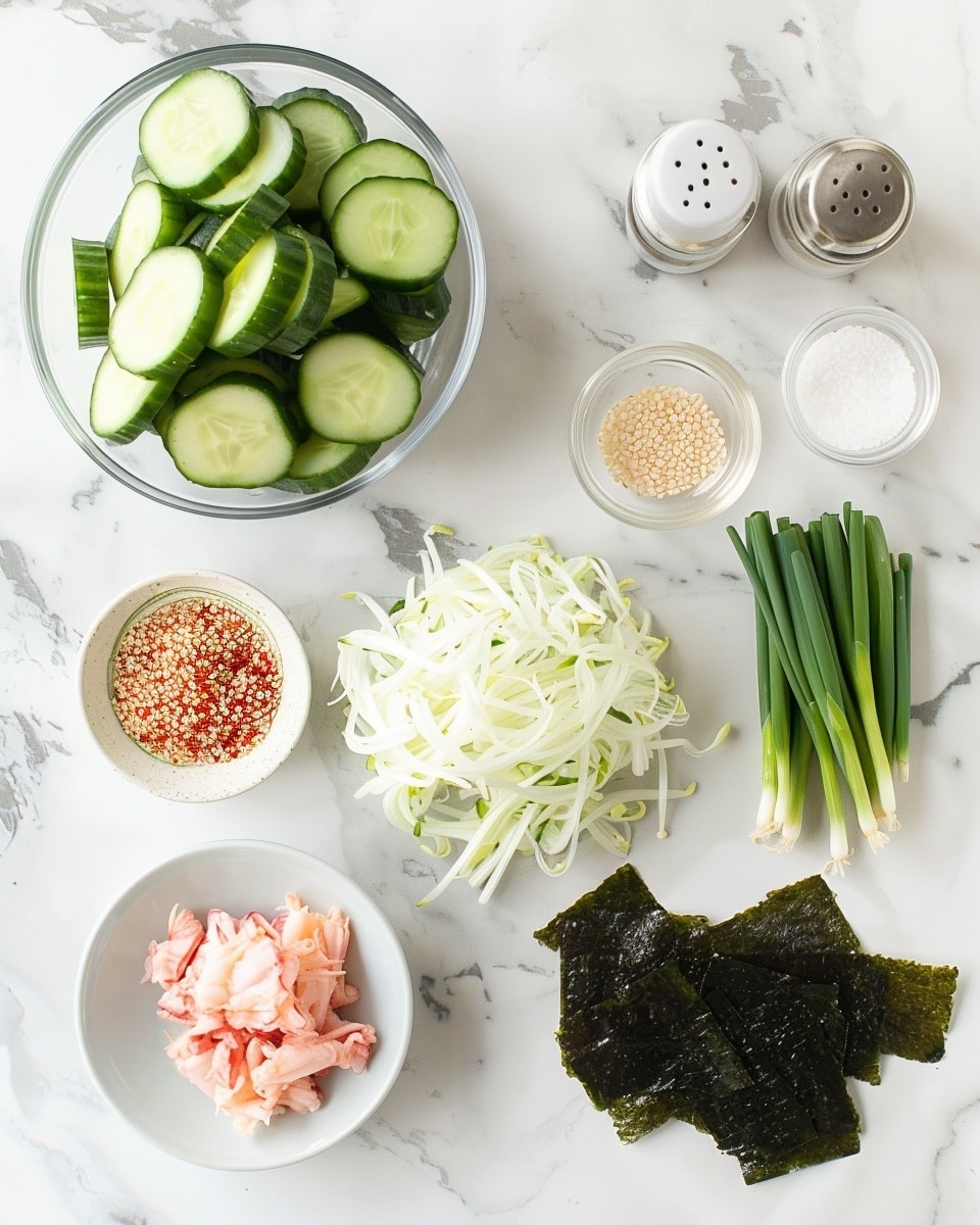 Single white bowl filled with a close-up serving of fresh cucumber salad tossed with shredded crab meat, garnished with thin red pepper strips, sliced scallions, and a sprinkle of black and white sesame seeds, showcasing the vibrant green cucumbers and delicate crab textures, arranged on a white marble surface with natural lighting, styled like a food blog intimate plated serving photo taken with an iphone --ar 4:5 --v 7