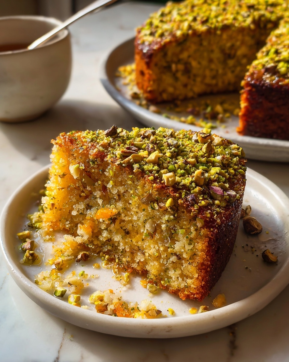 Whole round pistachio and orange cake on a wooden board, richly topped with chopped pistachios and a glistening orange glaze, showing its golden crust and moist texture through the uncut full cake, surrounded by scattered pistachio pieces and orange zest, styled on a clean white marble surface with natural lighting, professional 3/4 angle hero shot photo taken with an iphone --ar 4:5 --v 7