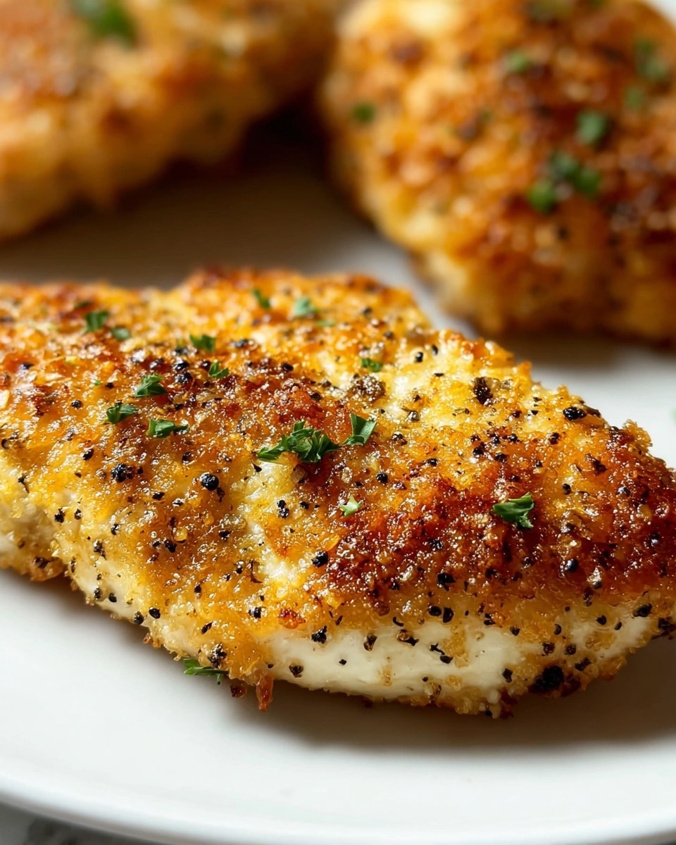 Large white rectangular baking dish filled with multiple golden-baked herb-crusted chicken portions, each perfectly seasoned with cracked black pepper, garlic bits, and sprinkled with fresh parsley, the whole dish showcasing a crispy, golden texture, photographed from a 3/4 angle on a white marble countertop in natural lighting, professional food styling photo taken with an iphone --ar 4:5 --v 7