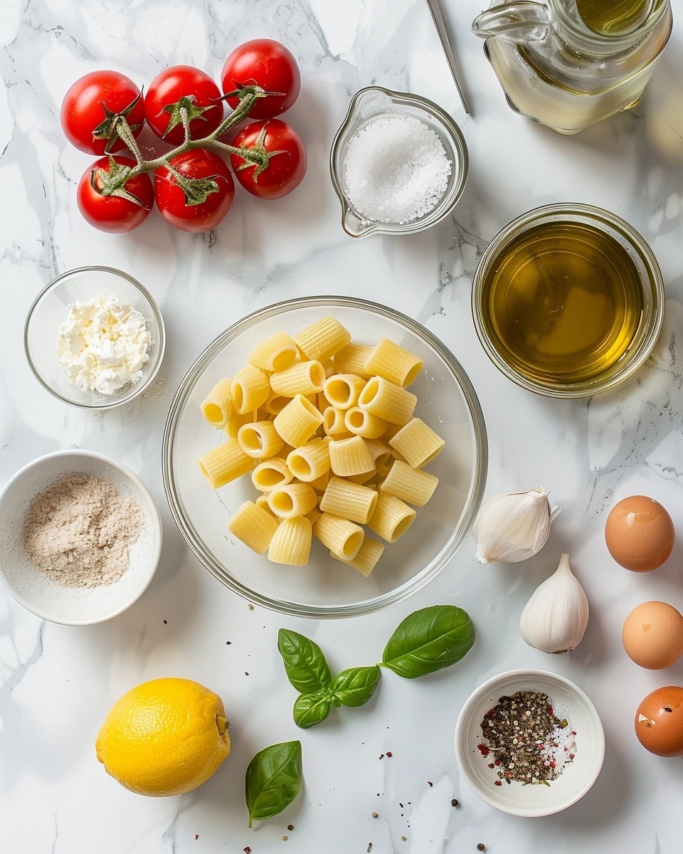 Single white bowl with one serving of rigatoni pasta in a vibrant tomato sauce, topped with dollops of creamy fresh ricotta, halved cherry tomatoes, bright green basil leaves, and thin shavings of Parmesan cheese, sprinkled with chili flakes and a drizzle of golden olive oil, a spoon on the side holding a few pine nuts, placed on a white marble surface, natural lighting highlighting the textures and colors, intimate and styled food blog presentation, photo taken with an iphone --ar 4:5 --v 7