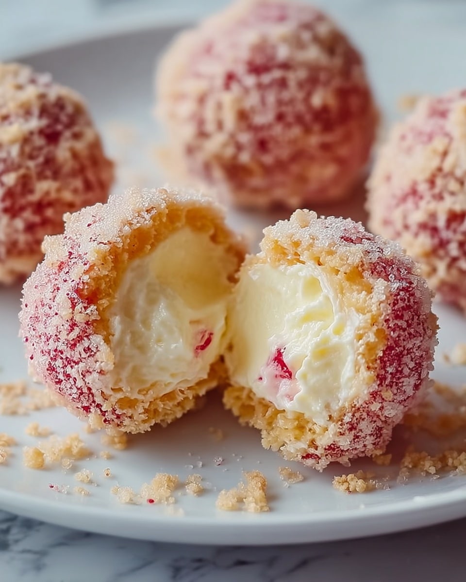 White serving plate arranged with multiple whole pink and white cheesecake balls coated in a crumbly golden crust, each perfectly round and uniform in size, with one ball sliced open to reveal creamy, smooth white cheesecake filling inside, garnished lightly with powdered sugar, photographed from a 3/4 angle on a white marble background, natural lighting emphasizing the delicate texture, professional food magazine hero shot photo taken with an iphone --ar 4:5 --v 7