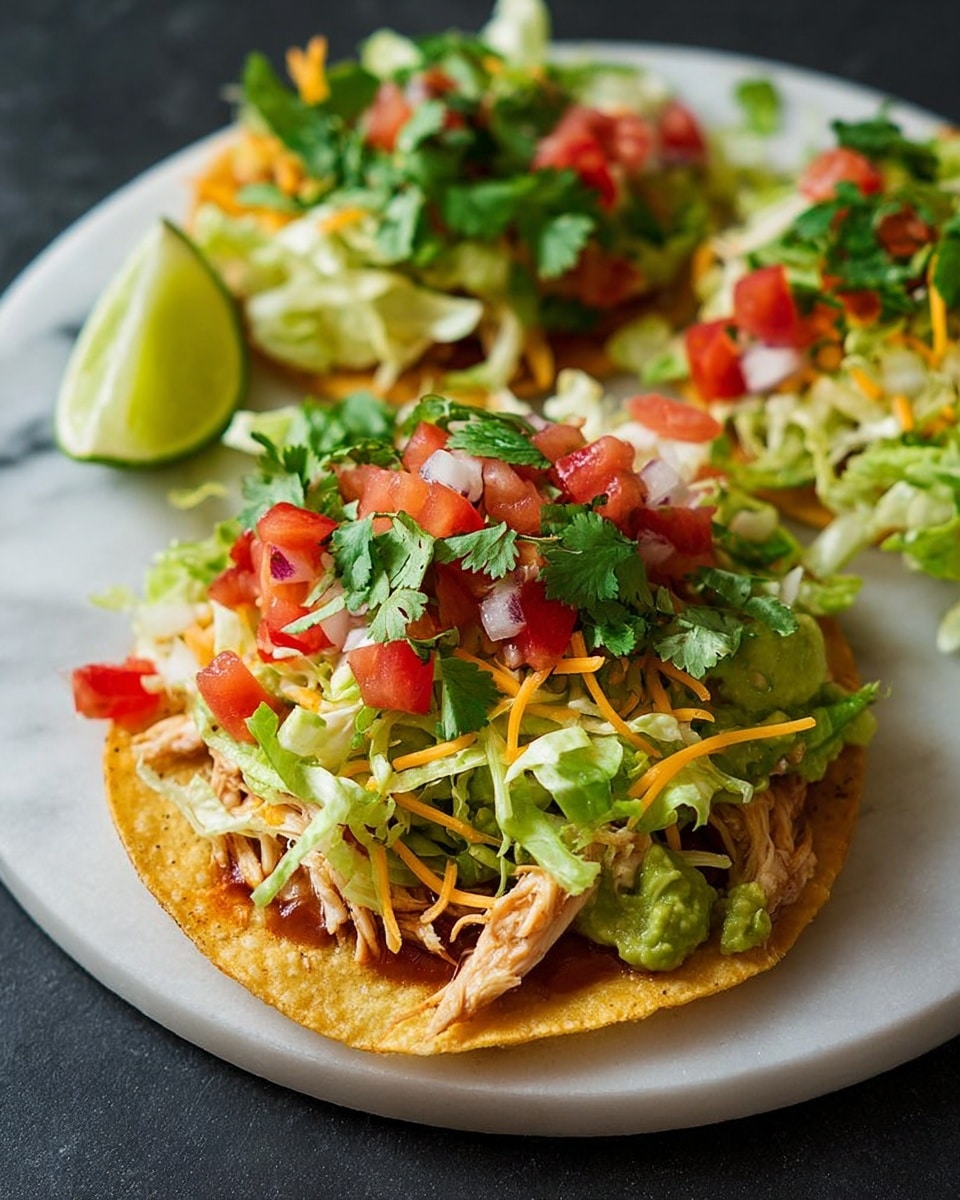A white rectangular platter displaying an arrangement of multiple fully assembled tostadas, each topped generously with creamy guacamole, seasoned refried beans, shredded lettuce, succulent shredded chicken, freshly diced tomatoes, finely chopped onions, vibrant jalapeños, shredded cheddar cheese, and garnished with fresh cilantro leaves, all presented in a neat grid on a white marble countertop with natural lighting, styled as a professional hero shot for a food magazine, photo taken with an iphone --ar 4:5 --v 7