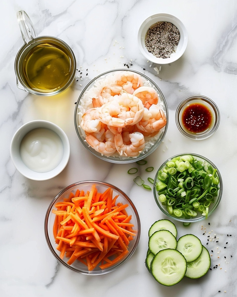 Single white bowl on a white marble surface filled with a plated serving of tender grilled shrimp arranged atop fluffy white rice, accompanied by fresh sliced avocado fanned out on one side, a mound of finely shredded bright orange carrots, and drizzled with a creamy, slightly spicy sauce. The shrimp’s charred, textured surface contrasts with the smooth avocado and fluffy rice, garnished with chopped green onions and a sprinkle of sesame seeds, natural lighting emphasizing vibrant colors and textures, intimate close-up shot that highlights the layers and ingredients ready to eat, photo taken with an iphone --ar 4:5 --v 7