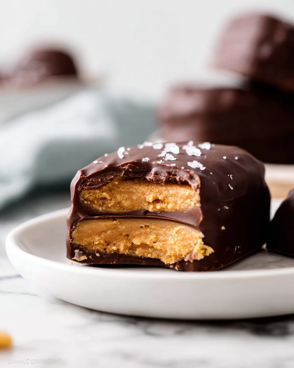 A white rectangular serving tray filled with dozens of smooth, oval-shaped chocolate-covered peanut butter eggs, each decorated with thin drizzles of milk chocolate and sprinkled with delicate flakes of sea salt, all evenly spaced and glistening under natural light, displayed on a white marble countertop, professional food magazine style hero shot photo taken with an iphone --ar 4:5 --v 7