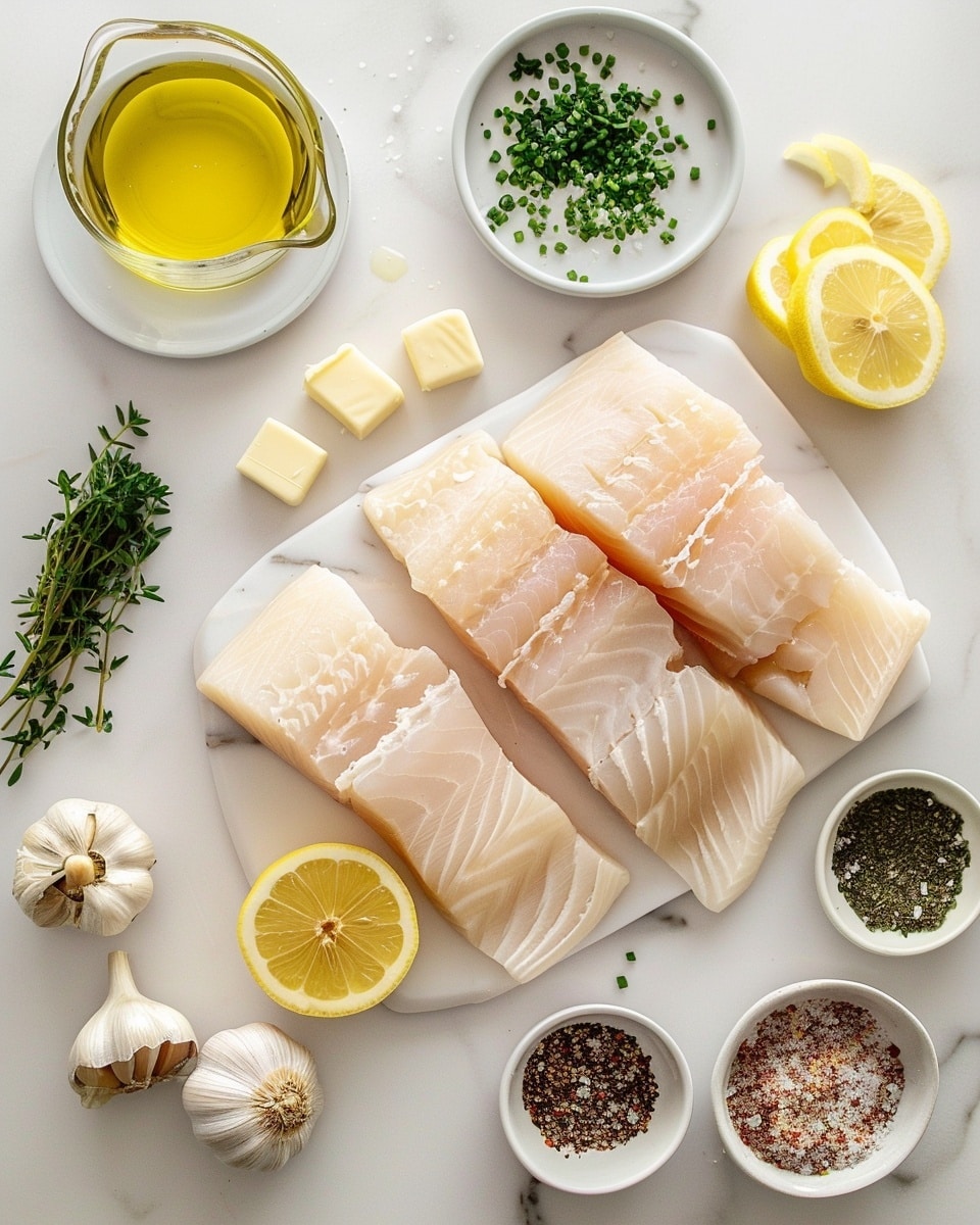 Single white plate with one portion of baked white fish topped with a vibrant herb and garlic crust, showing the delicate flaky texture of the cooked fish interior, garnished with a thin lemon slice beside it, the fish resting in a light buttery sauce with flecks of herbs, set on a white marble surface, natural lighting highlighting the fresh ingredients, intimate plated serving photo taken with an iphone --ar 4:5 --v 7