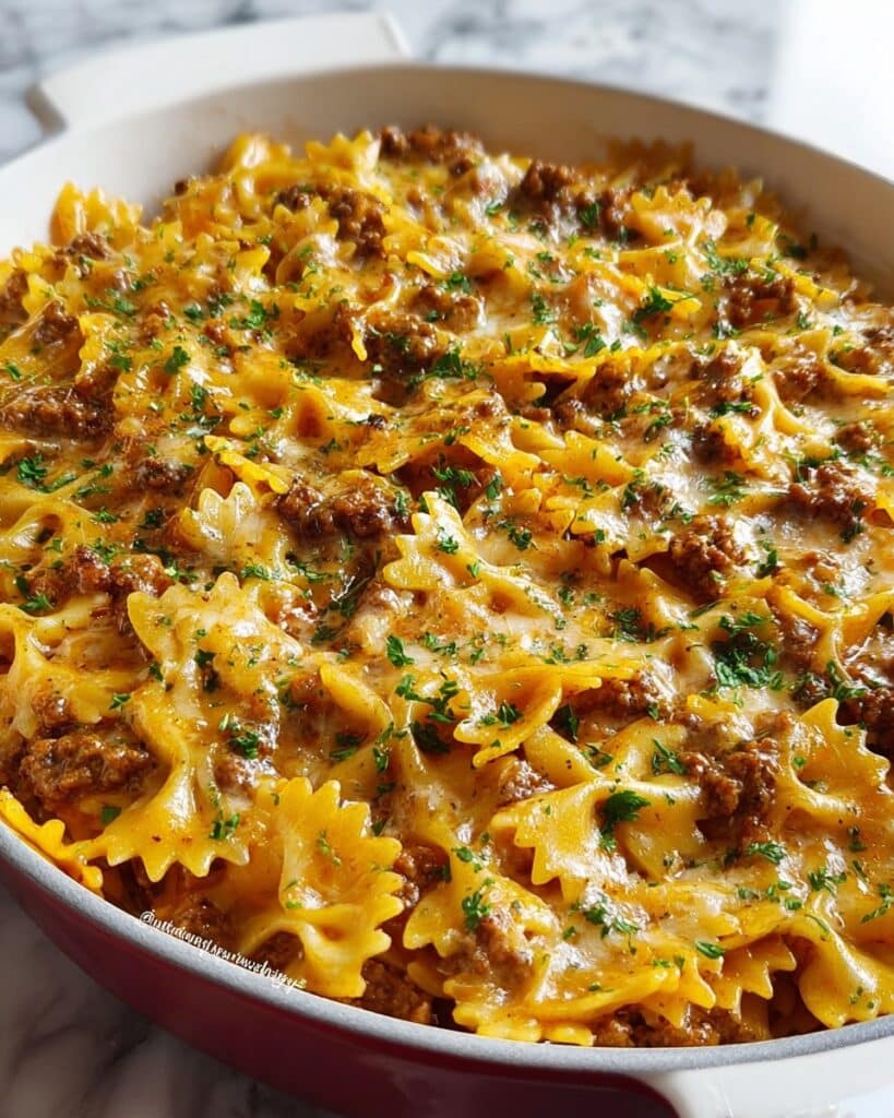 Cajun Cream Cheese Alfredo Bowties with Spiced Ground Beef Recipe