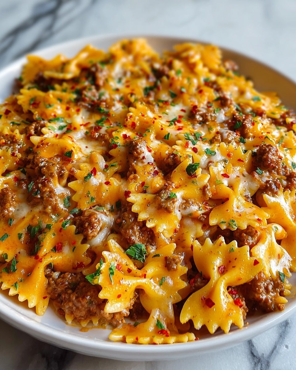 Large white ceramic baking dish filled with a whole, baked cheesy bowtie pasta casserole, generously mixed with seasoned ground beef and melted golden-yellow cheese, topped with finely chopped fresh parsley for a vibrant contrast, showing the entire uncut dish in a professional 3/4 angle shot on a white marble countertop, natural lighting highlighting the creamy texture and rich colors, styled like a hero shot from a food magazine, photo taken with an iphone --ar 4:5 --v 7