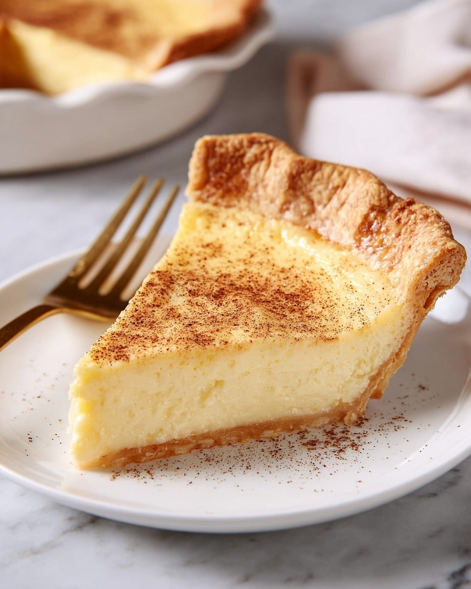 Whole classic custard pie in a white ceramic pie dish, featuring a golden-brown flaky crust with crimped edges and a smooth, creamy pale yellow custard filling topped with a light dusting of cinnamon, photographed from a 3/4 angle on a white marble countertop with natural lighting, styled like a hero shot from a food magazine, photo taken with an iphone --ar 4:5 --v 7