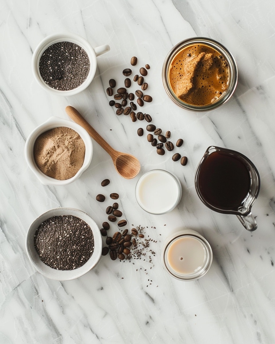 Single white ceramic bowl filled with a close-up serving of coffee chia pudding, showing the delicate texture of swollen chia seeds suspended in creamy coffee-infused pudding, topped with a dollop of whipped cream lightly dusted with cocoa powder, natural natural lighting highlighting the rich, smooth layers and the fluffy whipped topping, placed on a white marble surface, styled as an inviting individual serving from a food blog photo taken with an iphone --ar 4:5 --v 7