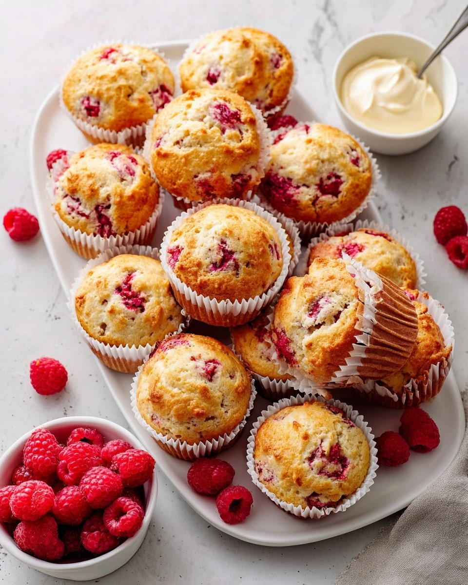A white platter filled with a full dozen freshly baked raspberry muffins in white paper liners, each muffin golden brown with visible bursts of red raspberry pieces throughout, arranged neatly alongside a small bowl of creamy spread, fresh whole raspberries scattered around the platter for garnish, set on a white marble countertop with natural lighting, styled as a professional food magazine hero shot, photo taken with an iphone --ar 4:5 --v 7