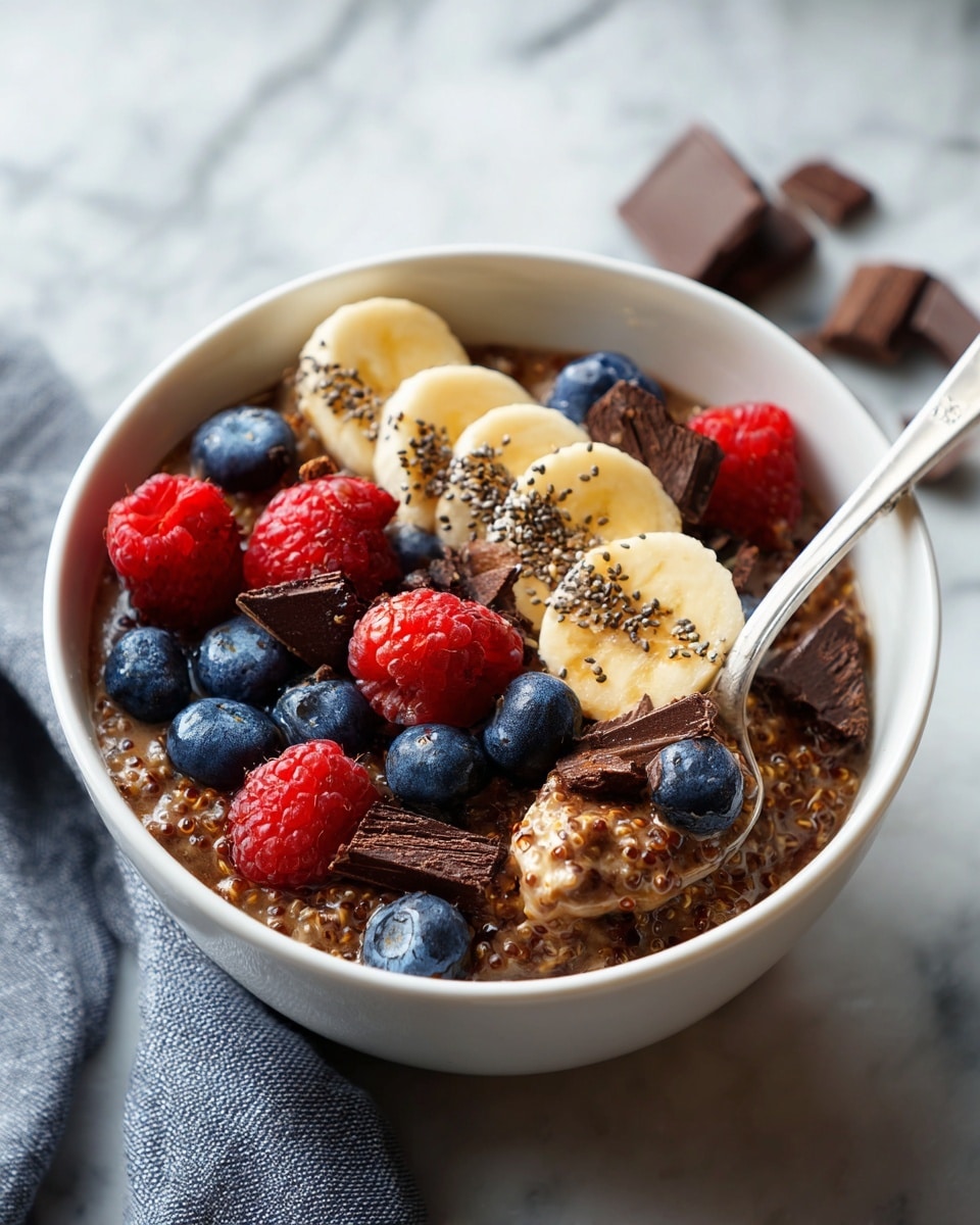 Large white serving bowl filled with chocolate quinoa porridge topped evenly with whole fresh raspberries, blueberries, banana slices, and generous chunks of dark chocolate, arranged to showcase a rich and nutritious breakfast, photographed from a slight top 3/4 angle with natural lighting on a white marble background, professional food styling photo taken with an iphone --ar 4:5 --v 7