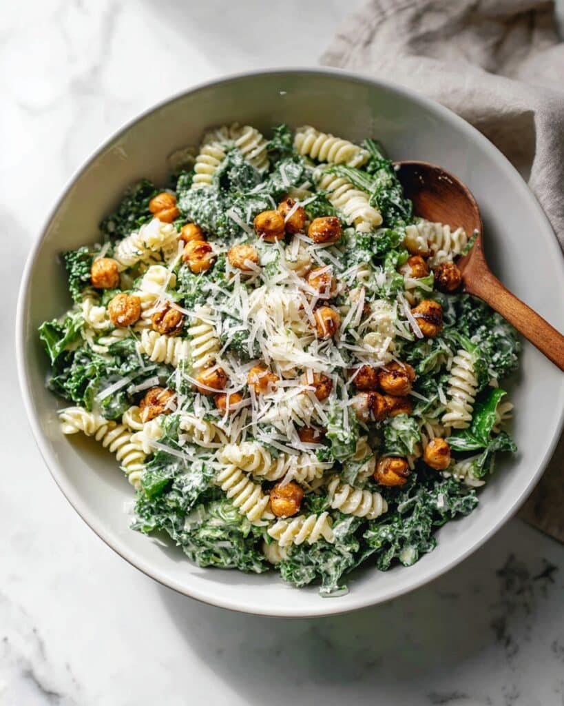 Kale Caesar Pasta Salad with Crispy Chickpeas Recipe