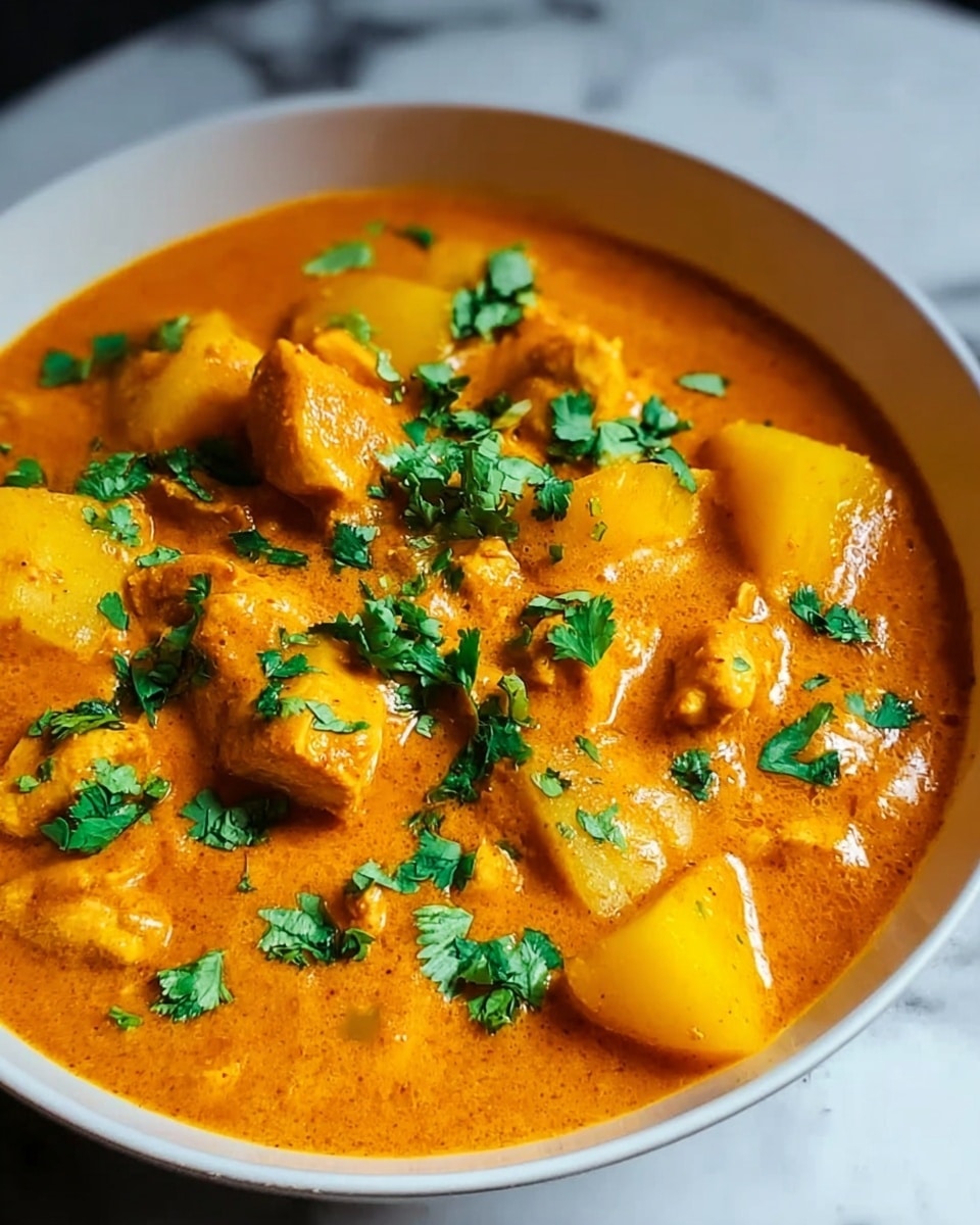 Large white bowl filled to the brim with rich, creamy orange curry containing large chunks of tender potatoes and chicken, generously garnished with freshly chopped green cilantro leaves, the entire dish presented on a white marble surface, shot with natural lighting from a 3/4 angle to capture the texture and warmth of the curry, professional food magazine hero shot, photo taken with an iphone --ar 4:5 --v 7