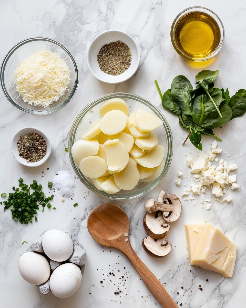 A single slice of golden, crispy hash brown crusted quiche served on a white plate, close-up angled view revealing layers of tender sautéed mushrooms, melted mozzarella cheese, and vibrant spinach within the firm yet fluffy potato base, garnished with a sprinkle of fresh herbs, set on a white marble surface with natural lighting, styled as an elegant individual portion ready to eat, photo taken with an iphone --ar 4:5 --v 7