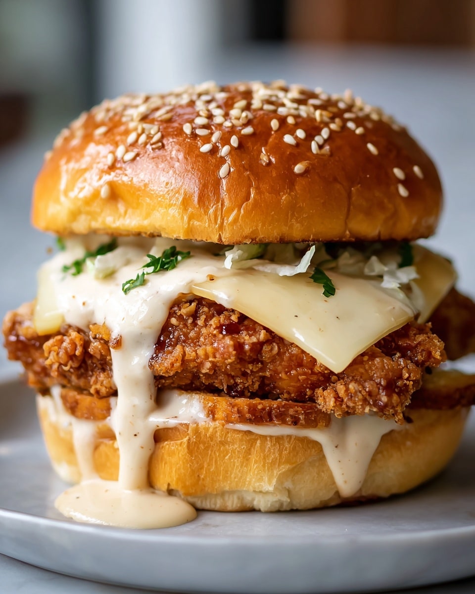 A large white plate displaying a whole crispy chicken sandwich with a golden, sesame-seeded bun, layered generously with two thick breaded chicken patties, melted white cheese slices, and a creamy, spicy sauce dripping luxuriously over the edges. The sandwich is presented uncut, showing the full height and texture of the components, styled on a pristine white marble countertop under natural lighting, capturing the rich colors and inviting crunch in a professional food magazine hero shot. Photo taken with an iphone --ar 4:5 --v 7