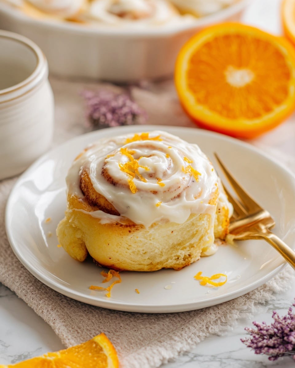 Large rectangular white baking pan filled with a full batch of warm orange-glazed cinnamon rolls, each generously topped with creamy white icing and sprinkled with bright orange zest, presenting the entire uncut dish. The pan sits on a clean white marble countertop with natural lighting highlighting the soft texture and swirling layers of the rolls, surrounded by halved fresh oranges, a small bowl of smooth icing, and cinnamon sticks styled for a professional food magazine hero shot. Photo taken with an iphone --ar 4:5 --v 7