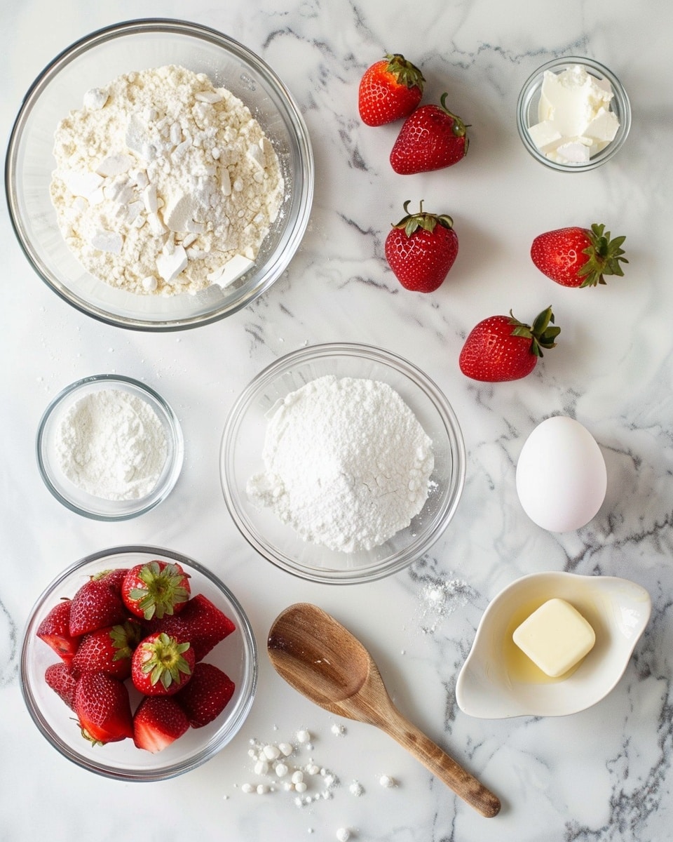 Single white plate with one freshly baked strawberry cookie showing a bite taken out, highlighting the soft interior texture with visible bits of strawberry throughout, close-up angled view emphasizing the tender crumb and subtle sugar coating, garnished with fresh whole and halved strawberries alongside delicate white chamomile flowers, placed on a white marble surface, natural lighting enhancing the warm tones, intimate styled food blog presentation photo taken with an iphone --ar 4:5 --v 7
