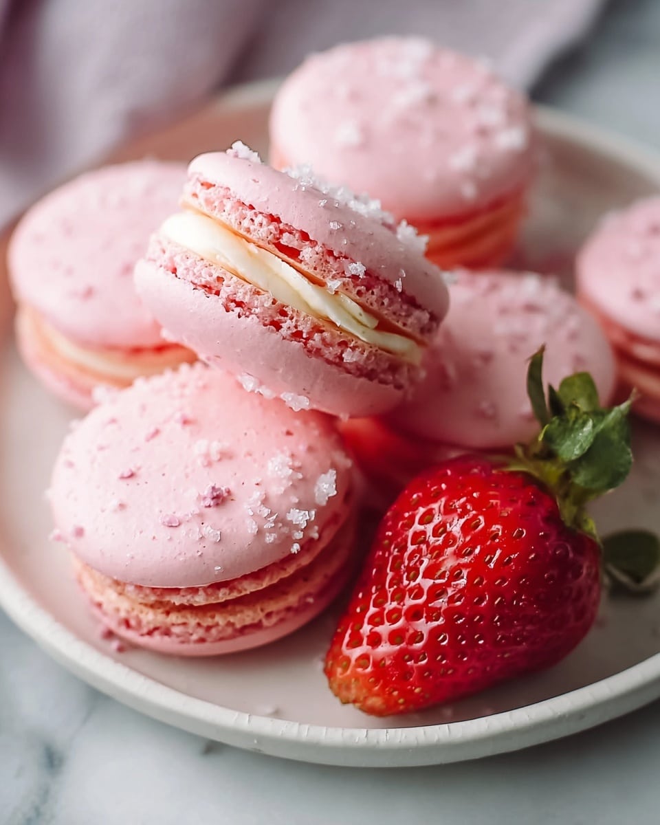 White serving platter filled with an assortment of delicate pink strawberry macarons, each perfectly round with smooth, glossy shells, some topped with small pieces of crystallized strawberry, all arranged artfully alongside whole ripe strawberries and a few halved strawberries for contrast, capturing the complete collection of macarons on a white marble surface, bathed in soft natural light for a professional food magazine hero shot, photo taken with an iphone --ar 4:5 --v 7