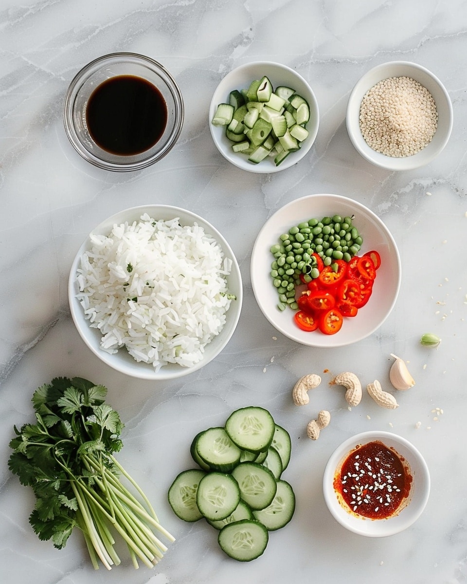 Single white bowl containing a close-up serving of vibrant fried rice loaded with bright green edamame beans, sliced zucchini, shredded carrots, and chopped green onions, all mixed with fluffy, golden rice grains, generously drizzled with glossy red chili sauce, topped with a sprinkle of crunchy golden peanuts and crispy shallots, highlighting the rich textures and fresh ingredients, placed on a white marble surface, natural lighting emphasizes the vivid colors and details, intimate styled serving from a food blog, photo taken with an iphone --ar 4:5 --v 7