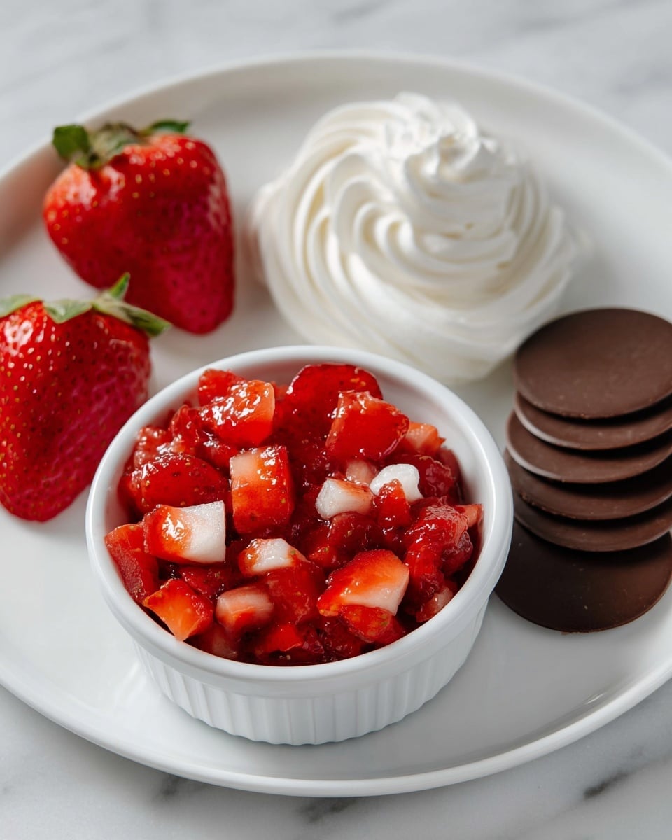 Two large white serving bowls filled with glossy, perfectly smooth dark chocolate wafers arranged alongside another two white bowls overflowing with freshly diced bright red strawberries, all placed on a white marble countertop with natural light enhancing the vivid colors, styled as a professional food magazine hero shot from a 3/4 angle, whole dish presentation photo taken with an iphone --ar 4:5 --v 7