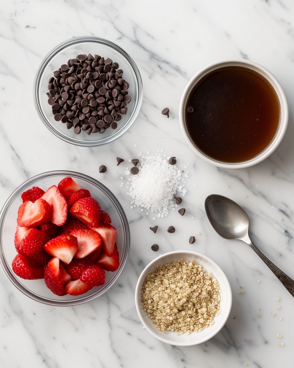 Single white ramekin filled with finely chopped fresh strawberry salsa showing vibrant red and white pieces, placed on a white plate alongside a single swirl of smooth whipped cream and a small neat stack of thin round chocolate candies, close-up angled shot highlighting the textures of the juicy diced strawberries and creamy whipped topping, set on white marble surface under natural light, styled food blog serving ready to eat photo taken with an iphone --ar 4:5 --v 7