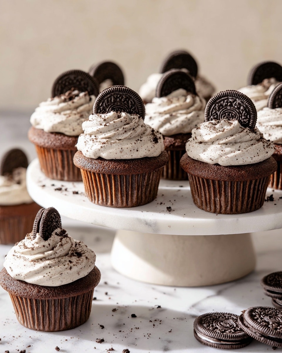 A pristine white marble cake stand filled with a dozen rich chocolate cupcakes, each topped with a generous swirl of cookies and cream frosting speckled with crushed Oreo crumbs, crowned with a whole Oreo cookie on each, arranged artfully with additional whole Oreos scattered around the base for an enticing presentation, captured in natural light from a 3/4 angle on a white marble countertop, professional food magazine style photo taken with an iphone --ar 4:5 --v 7