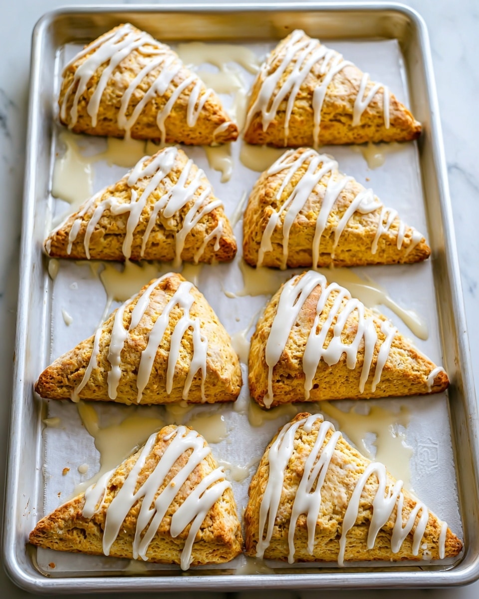 Baking sheet filled with eight freshly baked golden brown triangular scones evenly spaced, each generously drizzled with smooth white icing, presented on a white baking mat inside a white rimmed baking tray, shot from a slightly elevated 3/4 angle to capture the full tray, all set against a white marble background with natural lighting, styled as a professional food magazine hero shot, photo taken with an iphone --ar 4:5 --v 7
