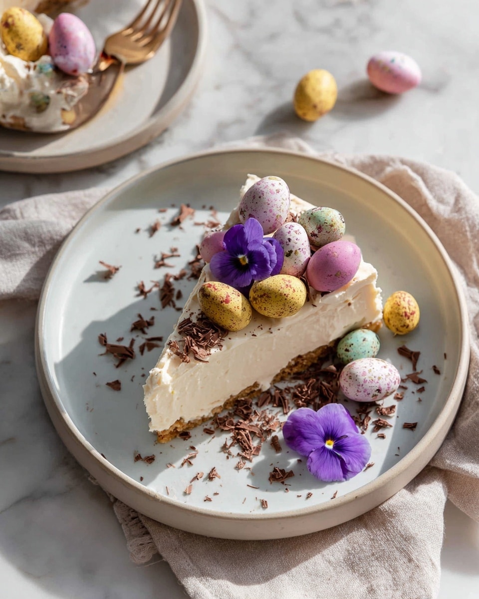 Whole round no-bake cheesecake with a thick golden graham cracker crust and a creamy, speckled filling studded with chocolate pieces, topped generously with an assortment of pastel-colored candy-coated chocolate eggs and delicate blue edible flowers, all presented on a large white ceramic cake plate, styled on a soft pink linen cloth against a white marble countertop, photographed with soft natural light from a 3/4 angle, professional hero food shot photo taken with an iphone --ar 4:5 --v 7