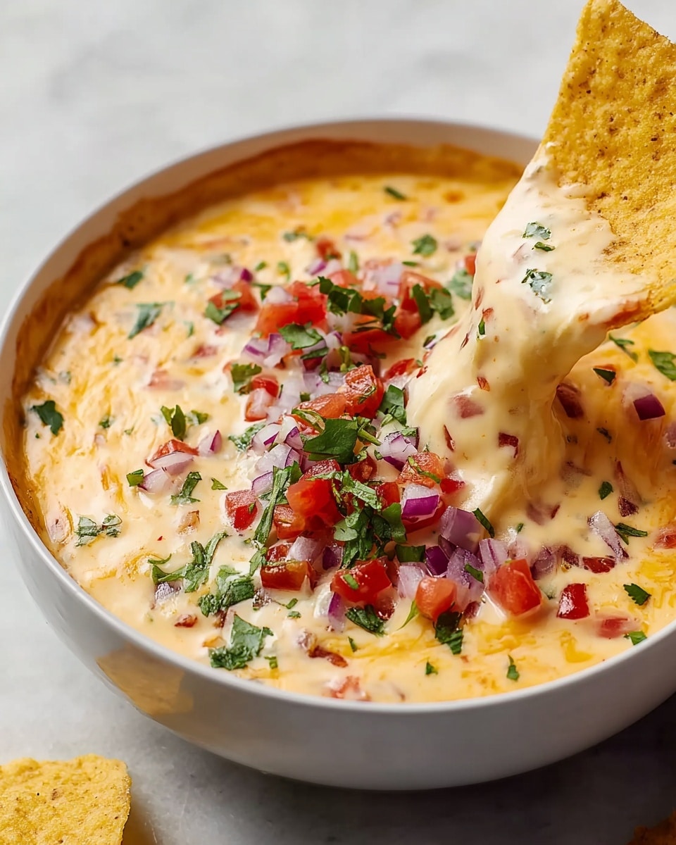 Large white bowl filled with creamy, smooth queso dip topped generously with freshly diced tomatoes, red onions, and chopped cilantro, surrounded by multiple golden tortilla chips arranged invitingly around the bowl, photographed from a 3/4 angle on a white marble countertop with natural lighting, capturing the entire dish as a vibrant, appetizing hero shot from a food magazine, photo taken with an iphone --ar 4:5 --v 7