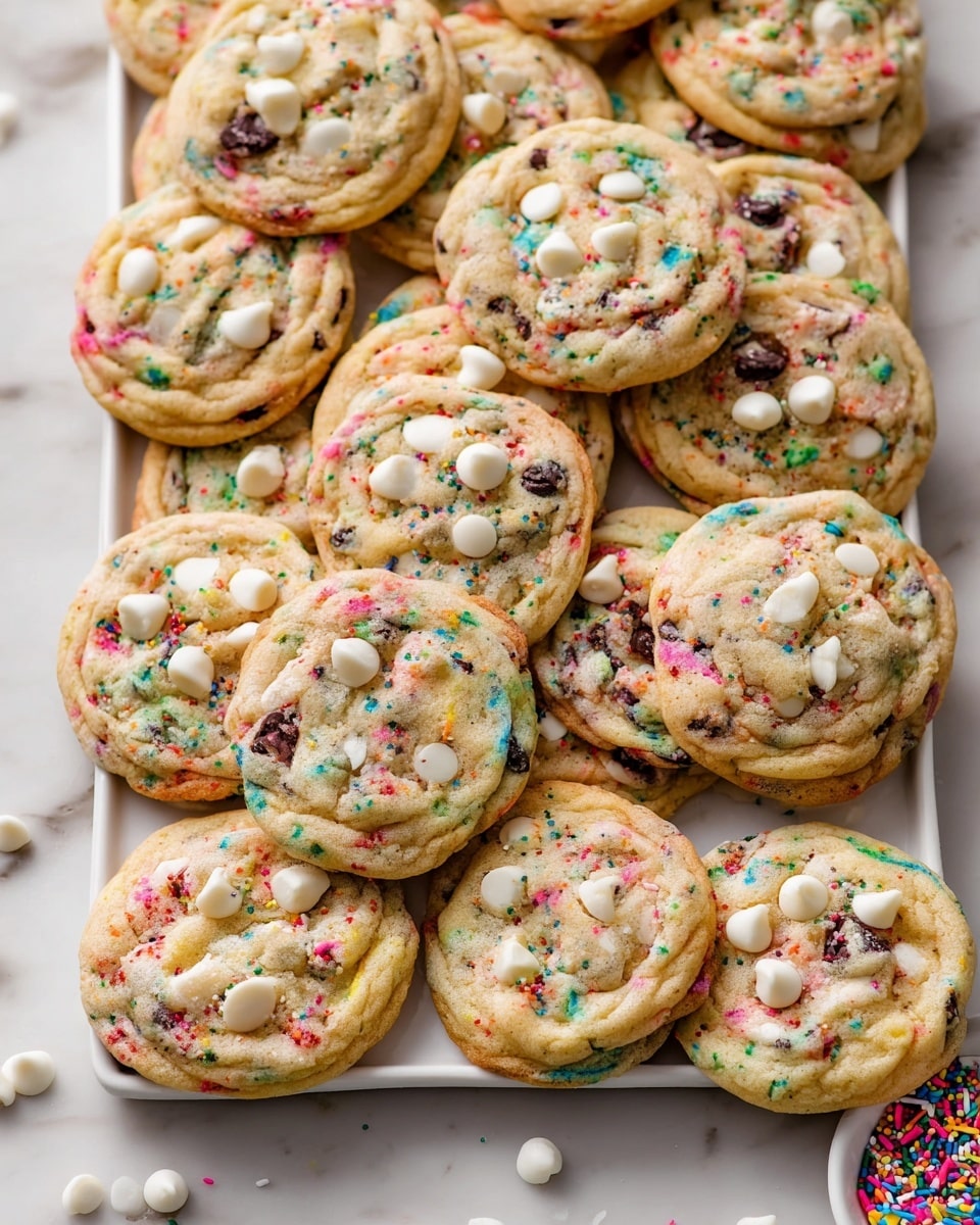 Large white serving tray filled with a full batch of funfetti chocolate chip cookies, each cookie perfectly round with golden edges and soft centers, bursting with colorful sprinkles and studded with white and dark chocolate chips throughout, arranged close together to showcase the entire batch, photographed from a professional 3/4 angle on a white marble surface with natural lighting, styled like a hero shot from a food magazine, photo taken with an iphone --ar 4:5 --v 7