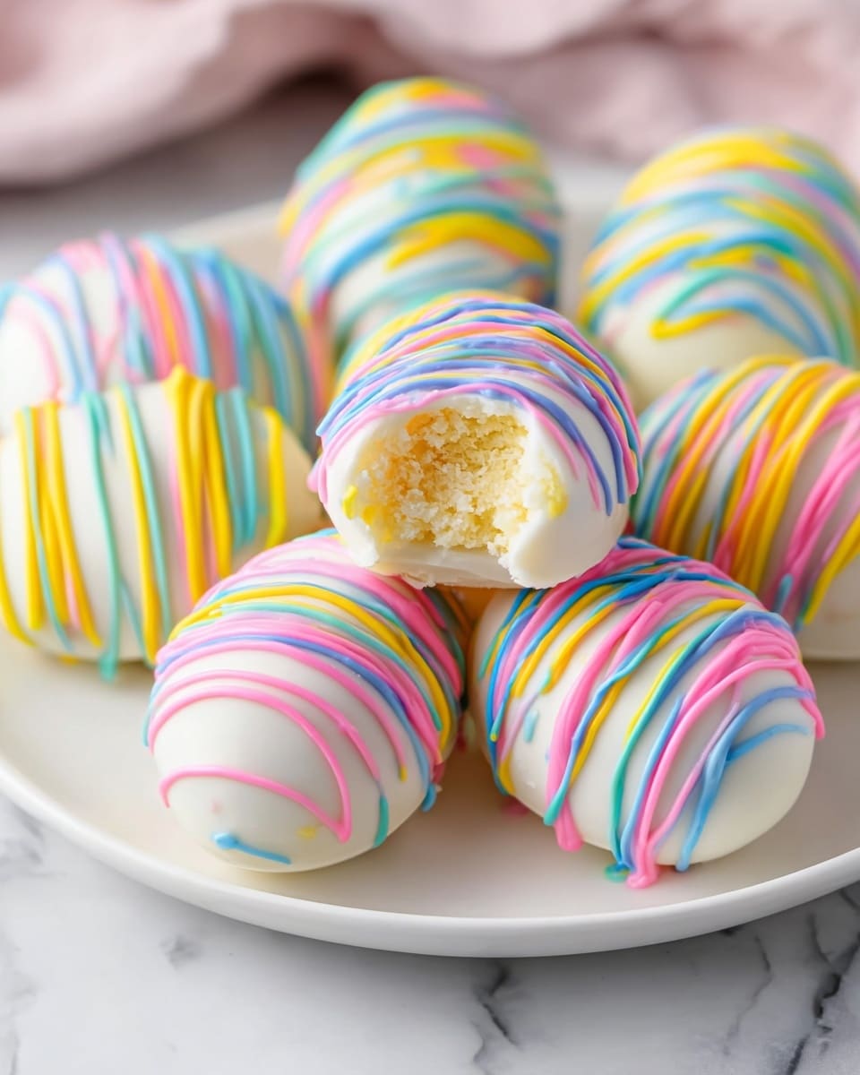 A large white scalloped bowl filled to the brim with a complete variety of small, oval-shaped white chocolate covered treats, each beautifully drizzled with vibrant pastel-colored icing in shades of pink, yellow, blue, green, and purple, arranged neatly to showcase the colorful contrast on each piece, whole dish captured at a 3/4 angle on a pristine white marble countertop with soft natural lighting, styled like a high-end food magazine hero shot, photo taken with an iphone --ar 4:5 --v 7