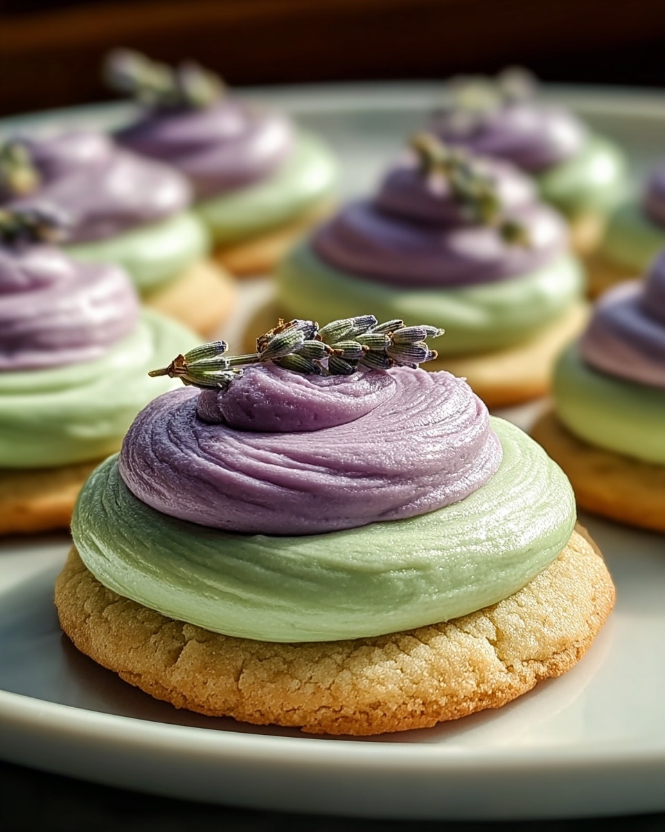 Large white platter filled with a full dozen soft sugar cookies, each topped with a generous swirl of green and purple creamy frosting, adorned with delicate sprigs of lavender on top, arranged neatly in rows displaying the vibrant contrast of colors, whole dish photographed from a 3/4 angle on a white marble countertop, natural lighting, professional food styling photo taken with an iphone --ar 4:5 --v 7