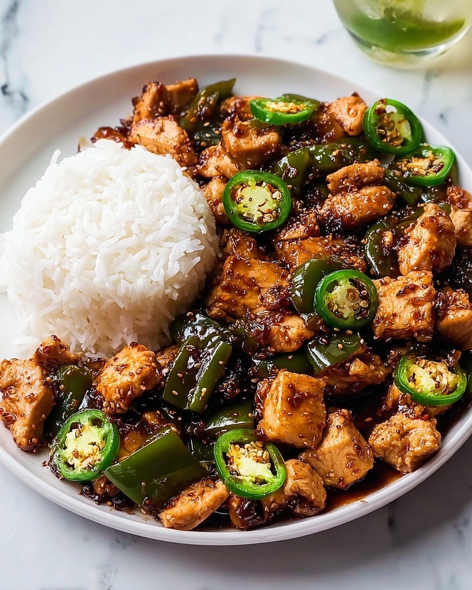 Large white skillet filled with a complete serving of glossy, sticky chicken bites coated in a rich soy-based sauce, generously topped with vibrant green sliced jalapeños and fresh scallion rings, scattered sesame seeds adding texture, surrounded by whole and sliced fresh jalapeños and a golden onion on a white marble countertop, natural lighting highlighting the savory glaze and fresh ingredients, professional food styling photo taken with an iphone --ar 4:5 --v 7