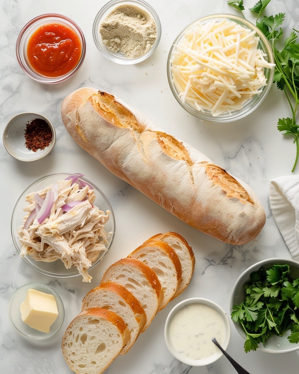 Single white plate with one slice of baguette pizza topped with melted mozzarella cheese, tender chunks of buffalo chicken, thin slices of red onion, and sprinkled fresh parsley, close-up angle showing the crispy golden edges of the toasted bread and the gooey cheese layer beneath the vibrant orange chicken pieces, natural light highlighting texture details, served on a white marble surface, intimate plated serving photo taken with an iphone --ar 4:5 --v 7