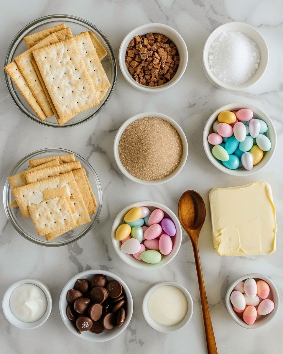 Single white square plate holding one large, irregularly shaped piece of colorful candy bark, close-up angled view revealing the marbled swirls of milk and white chocolate on top, studded with bright pastel candy-coated chocolate eggs, pink and blue bunny-shaped candies, and multicolored sprinkles, showing the glossy chocolate texture and delicate crunchy base, placed on white marble surface, natural lighting, styled as an individual serving from a food blog, photo taken with an iphone --ar 4:5 --v 7