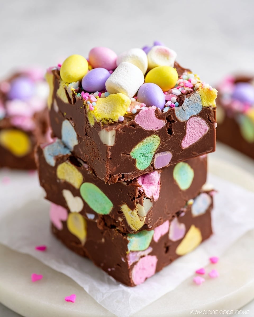 Square white baking pan filled with a rich, fudgy chocolate brownie topped with a colorful array of pastel candy-coated chocolate eggs and M&M's, sprinkled with tiny butterfly-shaped pastel confetti sprinkles, the entire uncut brownie showcased with baking parchment lining the pan, photographed from a professional 3/4 angle on a white marble countertop with natural lighting, styled like a vibrant hero shot from a food magazine, photo taken with an iphone --ar 4:5 --v 7