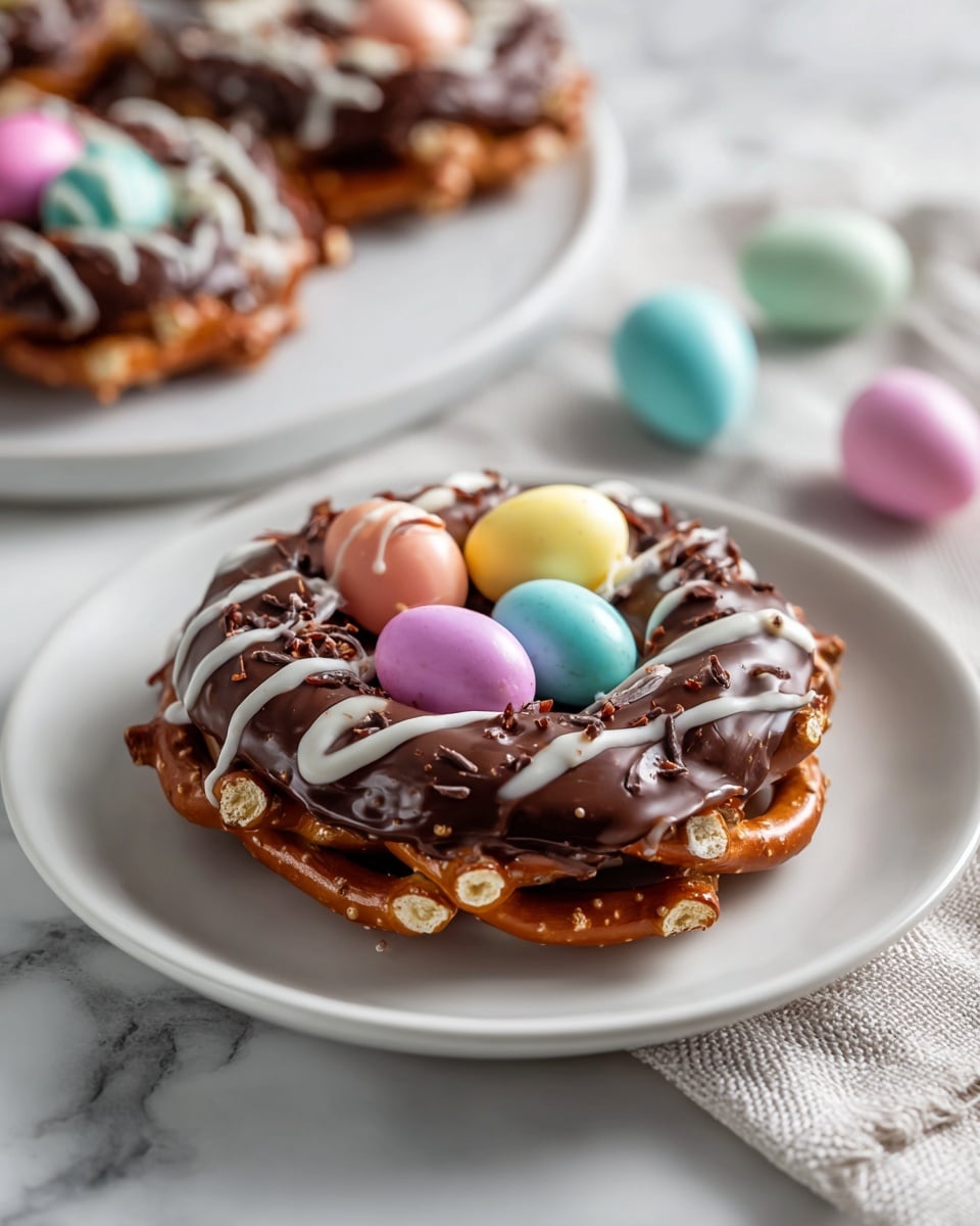Large white plate filled with several pretzel nests dipped in rich chocolate, each topped with three pastel-colored candy eggs in shades of blue, pink, and yellow, elegantly drizzled with white chocolate, surrounded by scattered coconut flakes and additional candy eggs on a white marble surface, photographed at a 3/4 angle with natural lighting, professional food styling photo taken with an iphone --ar 4:5 --v 7