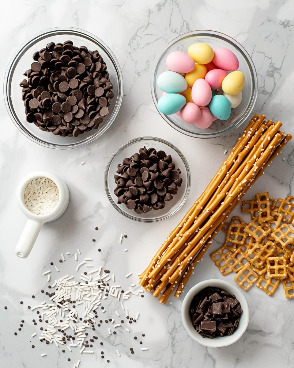Single white plate featuring one decorated pretzel nest topped with glossy chocolate coating, white chocolate drizzle, and five pastel-colored candy eggs nestled in the center, close-up angled view emphasizing the shiny chocolate texture and the crunchy pretzel base, placed on white marble surface with soft natural lighting, styled as an inviting individual dessert serving photo taken with an iphone --ar 4:5 --v 7