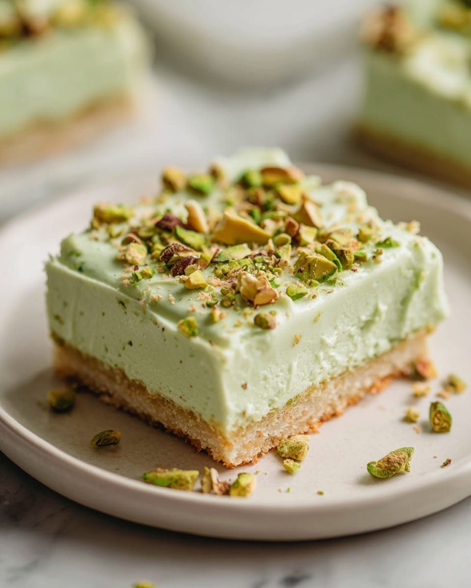 A large white rectangular platter filled with a full tray of layered pistachio dessert bars, showcasing thick even layers of light cookie base and creamy pale green pistachio filling, sprinkled generously with chopped pistachio nuts on top, arranged neatly on a white marble surface with natural lighting emphasizing the smooth texture and nutty garnish, professional food styling photo taken with an iphone --ar 4:5 --v 7