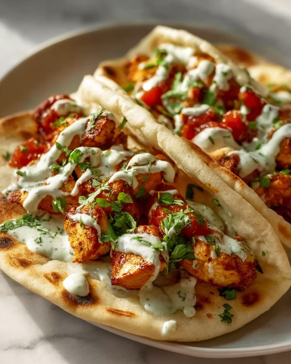 Large white platter arranged with multiple whole naan wraps filled generously with vibrant buffalo chicken pieces glazed in rich sauce, topped with a drizzle of creamy herb-infused ranch dressing and scattered fresh cilantro leaves, showcasing the entire batch of wraps side by side, photographed from a 3/4 angle on a white marble countertop with natural lighting, styled as a hero food magazine shot, photo taken with an iphone --ar 4:5 --v 7