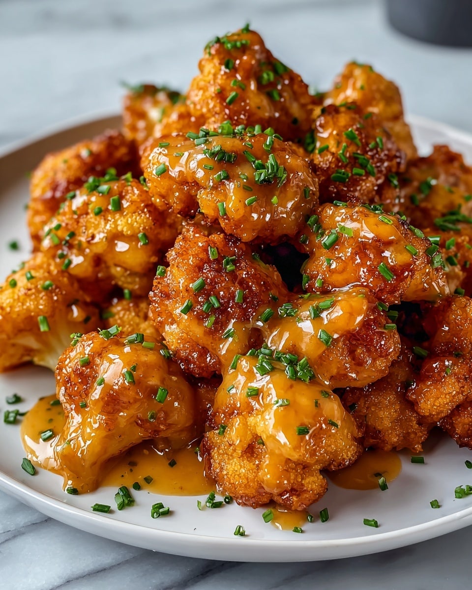 Large white serving bowl heaped with crispy golden fried cauliflower bites, generously drizzled with creamy, speckled spicy sauce and sprinkled with fresh, vibrant green chopped chives, whole dish photographed at a professional 3/4 angle on a white marble countertop with natural lighting, styled like a hero shot from a food magazine, photo taken with an iphone --ar 4:5 --v 7